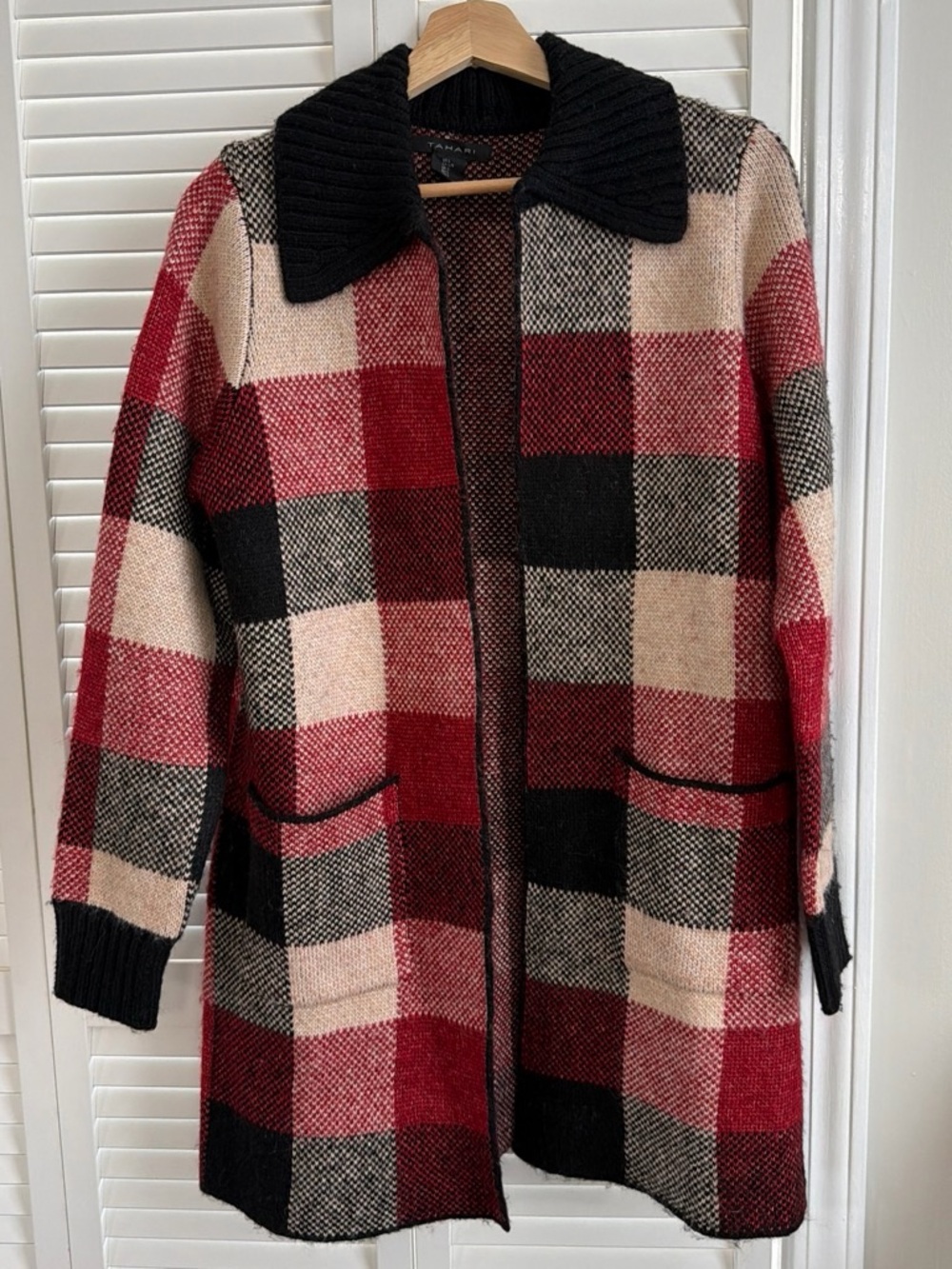 Tahari Red Black Cream Plaid Long Coat with Ribbed Black Collar
